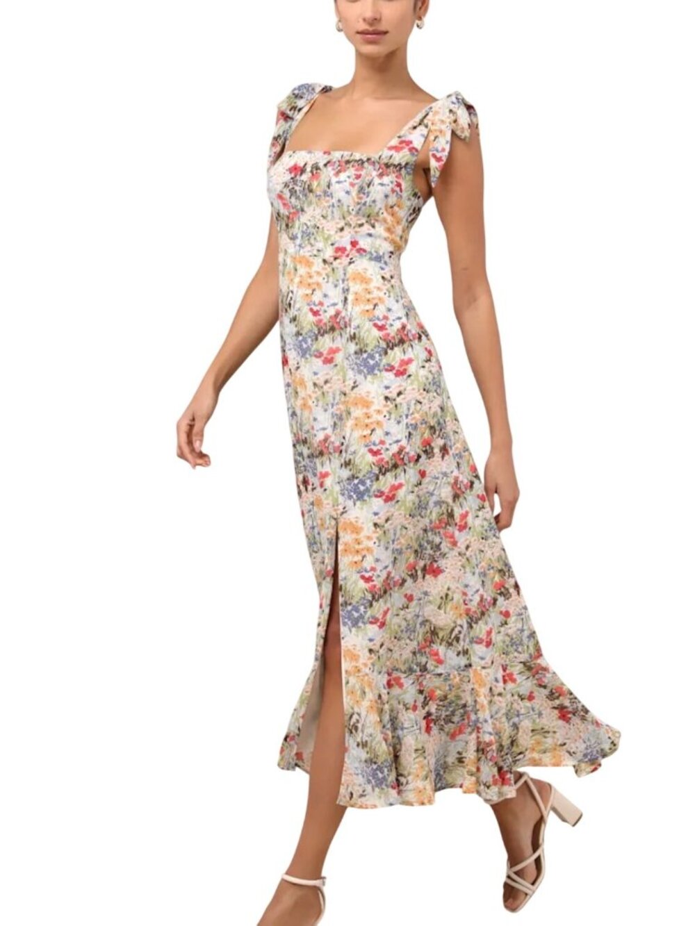 Lulus Summer Invite White Multi Floral Tie-Strap Tiered Midi Dress Sz XS Cottage